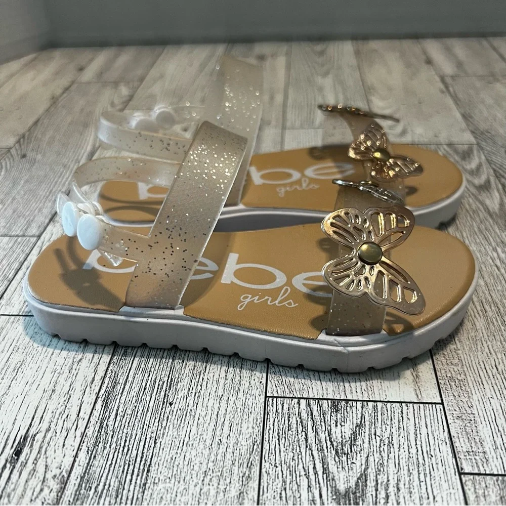 bebe Girl's Rose Gold Butterfly Jelly Sandals Size L 9/10 Snap On